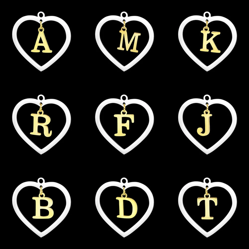 

5Pcs/Lot Stainless Steel Two Tone DIY Heart Initial Name Letter Pendant For Making Necklace Charm High Quality
