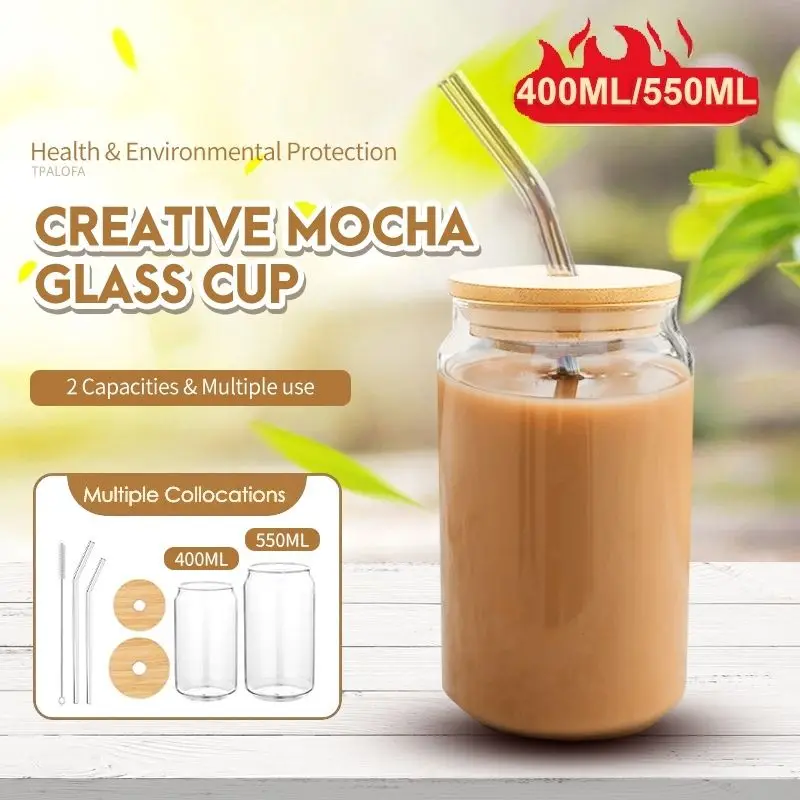 

550ml/400ml Mocha Coffee Glass Cup With Lid and Straw Transparent Breakfast Cups Travel Mugs Drinkware Cola Juice Glass Beer Can