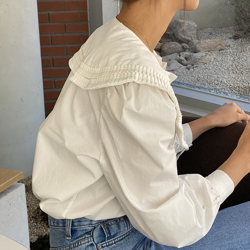 Винтажный буф с длинным рукавом Женская белая рубашка отложным воротником