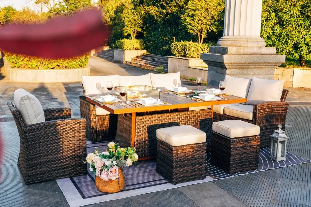 

7 PCS Patio Conversational Sofa Set With 1 Gas Firepit And Ice Container Rectangle Dining Table. 1 Storage Box And 2 Ottomans