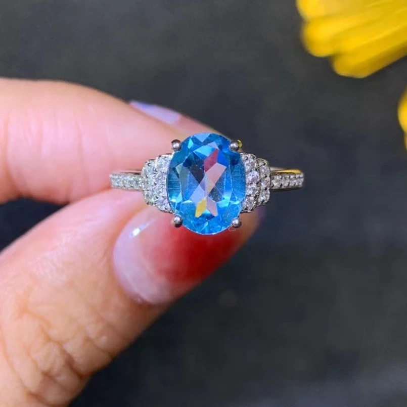 

2ct 7mm*9mm Light Blue Topaz Ring for Daily Wear 100% Natural Topaz 925 Silver Ring with 3 Layer 18K White Gold Plating