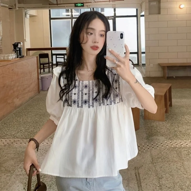 2021 spring and summer new fashion retro temperament square neck puff sleeve printing loose short-sleeved shirt top women