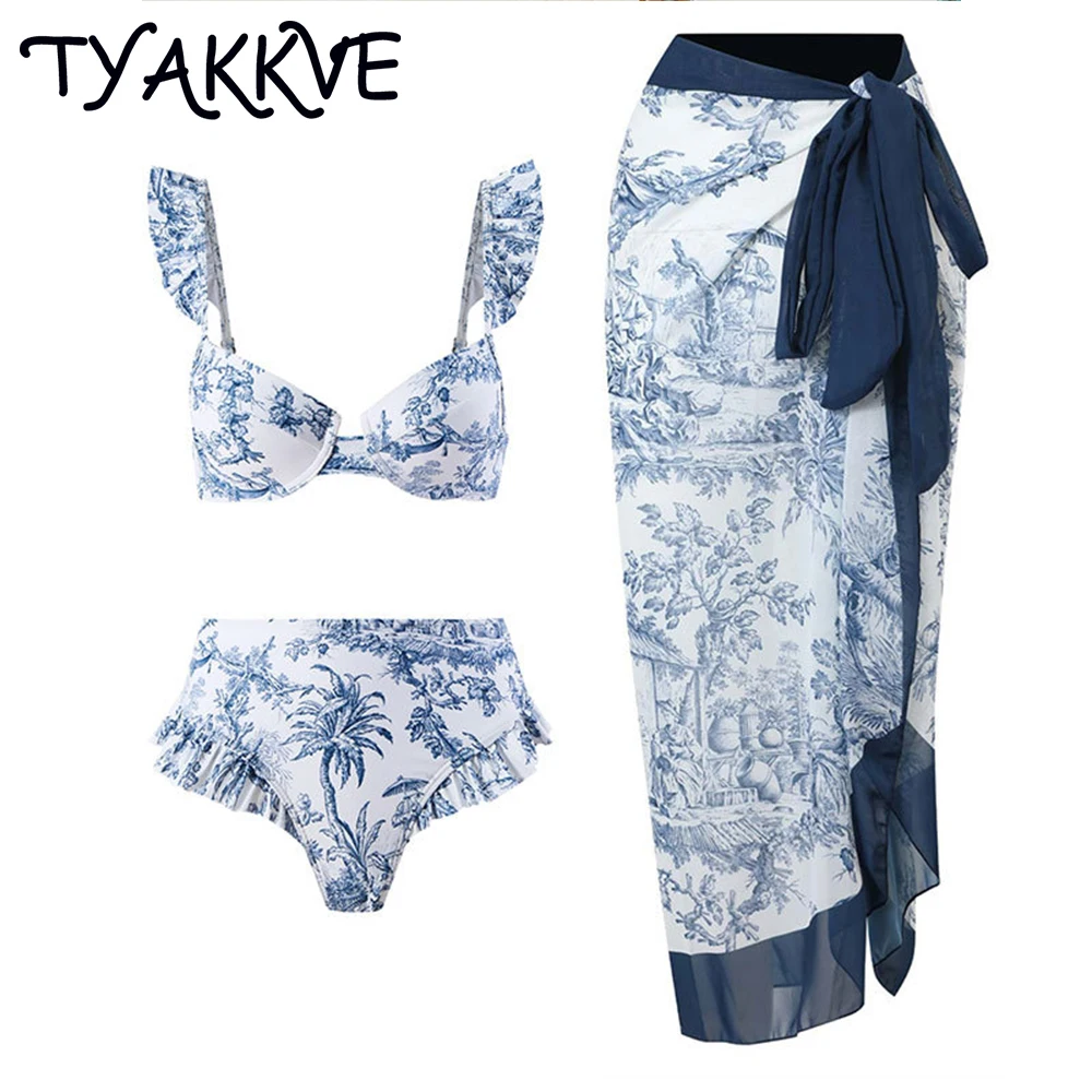 

TYAKKVE 2023 Ruffle Print 3 Piece Bikini Set Push Up Bathing Suit Women Swimwear High Waist Swimsuit Sexy Summer Beach Dress