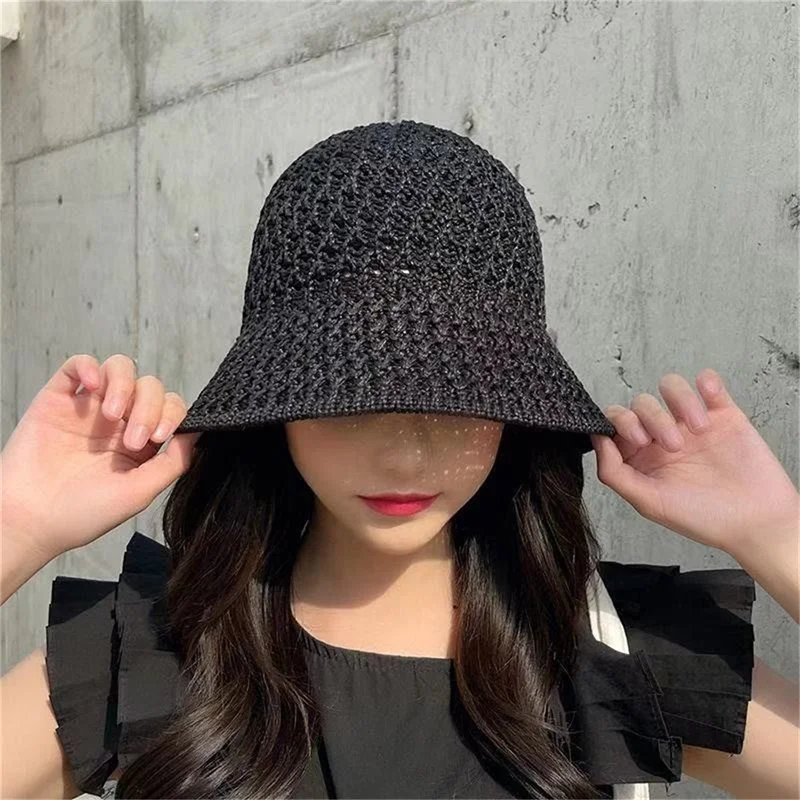 

Summer Collapsible Dome Knit Bucket Hat Women Hollow Out Simplicity Beach Caps