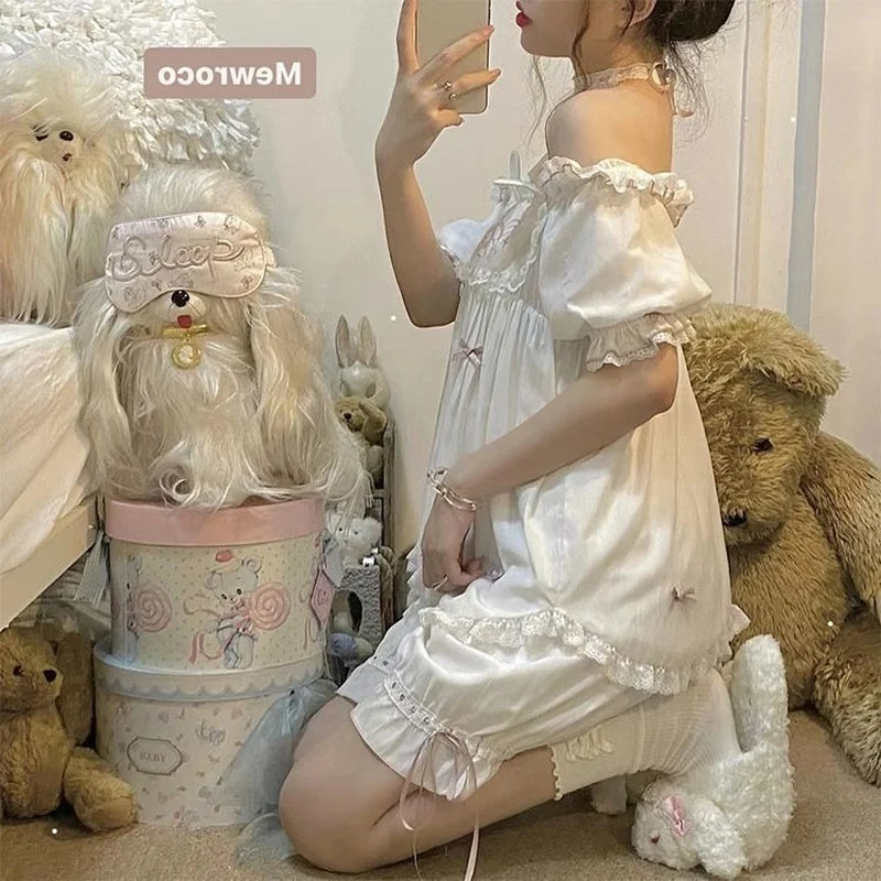 QWEEK Lolita Suits with Shorts Japanese Sweets 2 Piece Set Sleepwear Summer Kawaii Pajamas for Women Embroidery Room Wear