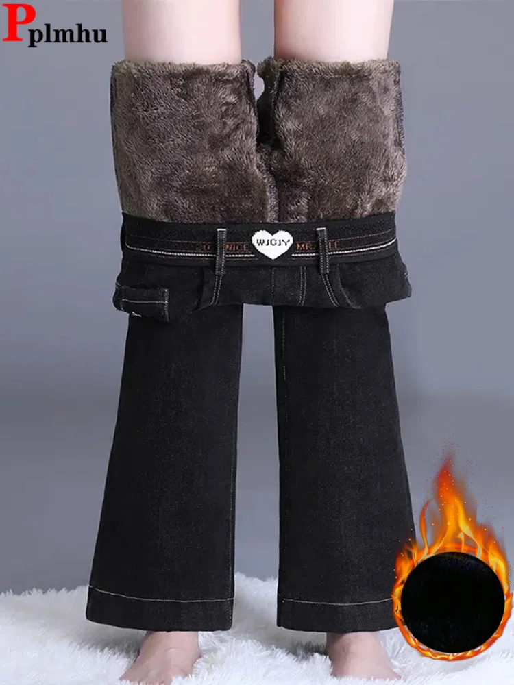 

Winter Warm Thicken Velvet Lined Flare Denim Pants Skinny Casual Thick High Waist Women Jeans Snow Wear New Plush Vaqueros