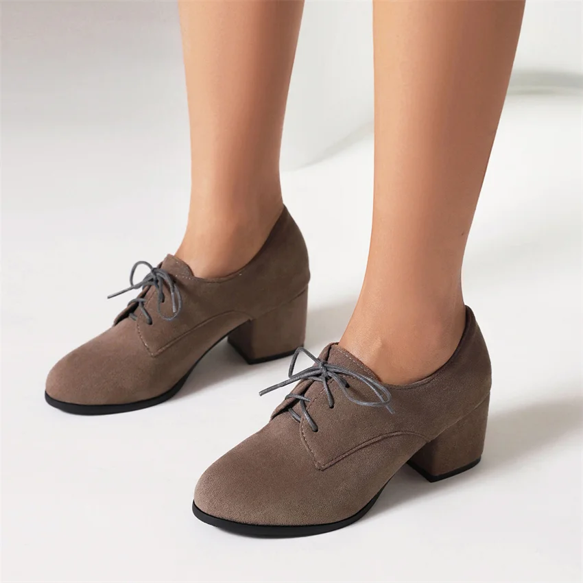 

Women Shoes 2023 Autumn Faux Suede Mid-Heel Elegance Office Front Lace-Up Large Size 45 Pointed Toe Single Shoes Dropshopping