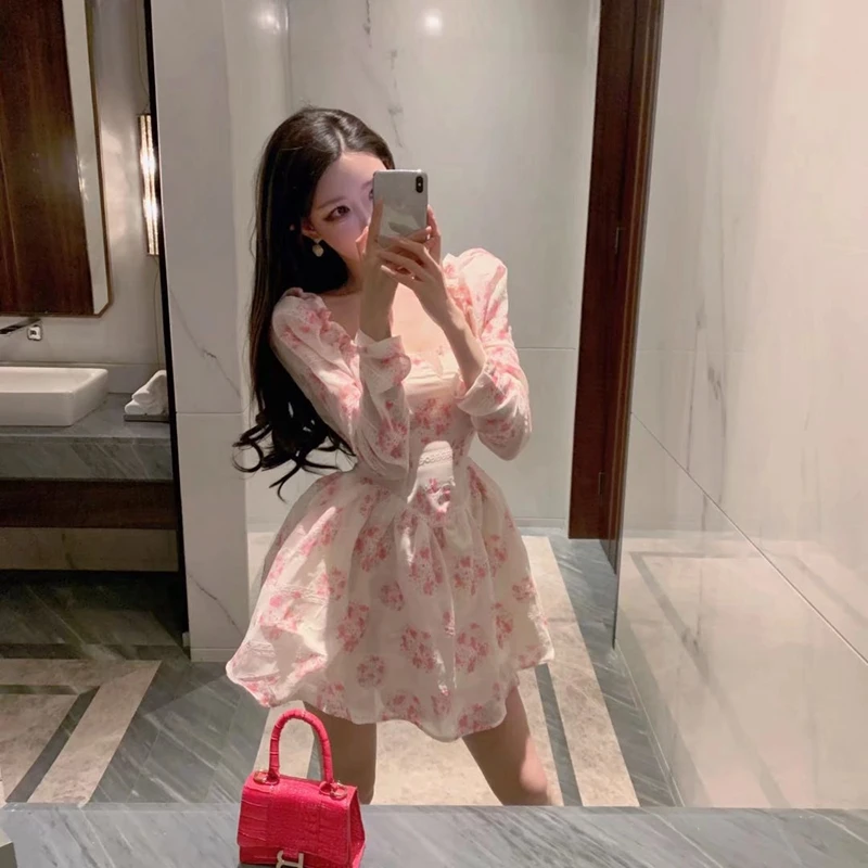 

2022 Spring New Temperament Little Fairy Lace Jacquard Skirt Square Collar High Waist Slim Tutu Skirt Slim Dress