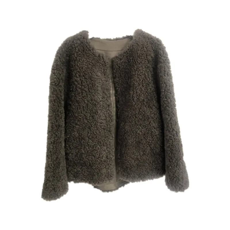 Wool Fur Coat Women Sheep Shearing Round Neck Lamb Wool Composite Fur One Young Style V-neck Fur Jacket Parka New Winter Warm