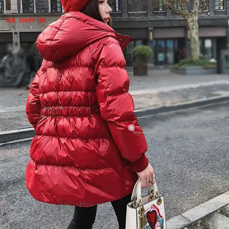 New Fashion Winter Women Long Puffer Duck Down Jacket Black Hooded Female Loose Warm Waterproof Windproof Slim Coat Red Overcoat