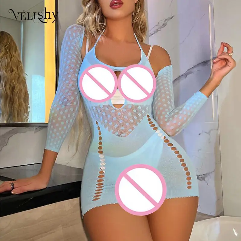 

Сексуальное женское мини-платье с лямкой на шее и открытой спиной, женские сетчатые прозрачные короткие платья в горошек, женская вечерняя ...