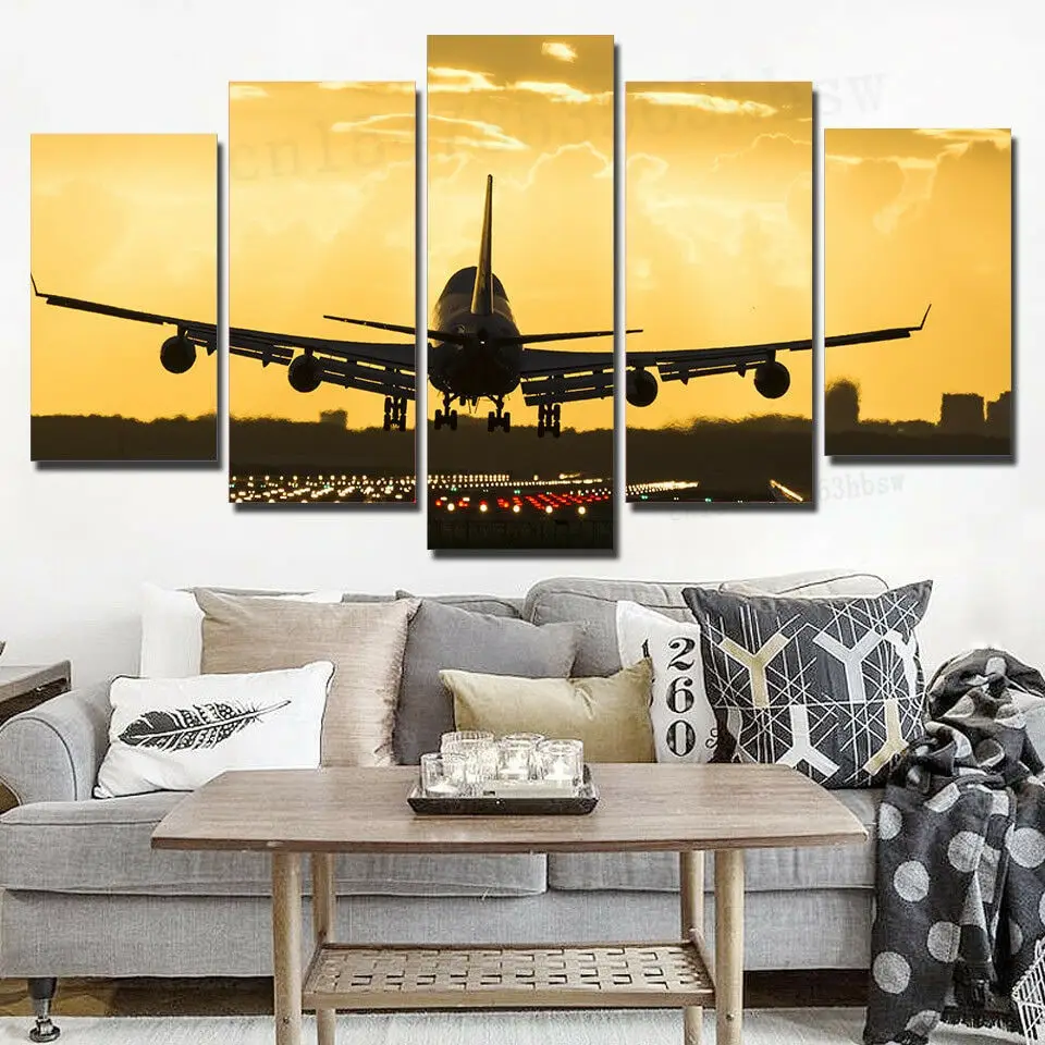 

Airplane Landing Runway Golden Sunset 5 Panel Canvas Print Wall Art Home Decor HD Print Pictures Poster No Framed Paintings