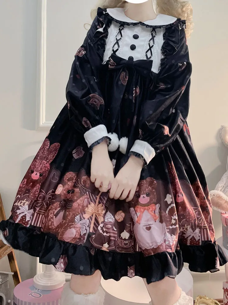 

Sweet Kawaii Lolita Style Cartoon Printing Women Dress Chic Palace Princess Peter Pan Collar Long Sleeve Ruffle Dresses Female