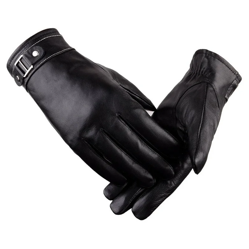 

Перчатки мужские из натуральной овечьей кожи, однотонные модные теплые кожаные, на кнопках, для вождения, зимние