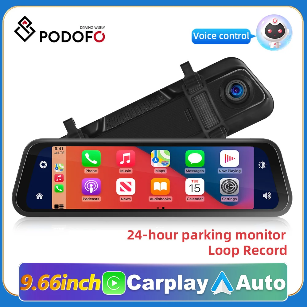 Podofo Автомобильный видеорегистратор зеркало 9 66 дюймов IPS 2.5D сенсорный экран поток