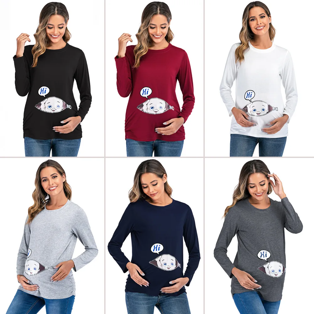 New Cute Women Pregnancy T-shirt Long Sleeve Maternity Clothes Casual Crew Neck Printed Funny Baby Peeking Women Pregnant Tops enlarge