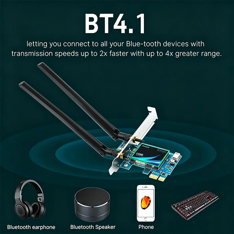 Фото KEBIDUMEI AC1200 PCIe WiFi-карта, Bluetooth 4.1, настольный сетевой адаптер, 1200 Мбит/с, двухдиапазонный, 5 ГГц, 867 Мбит/с, беспроводная карта для Win11/10 №4
