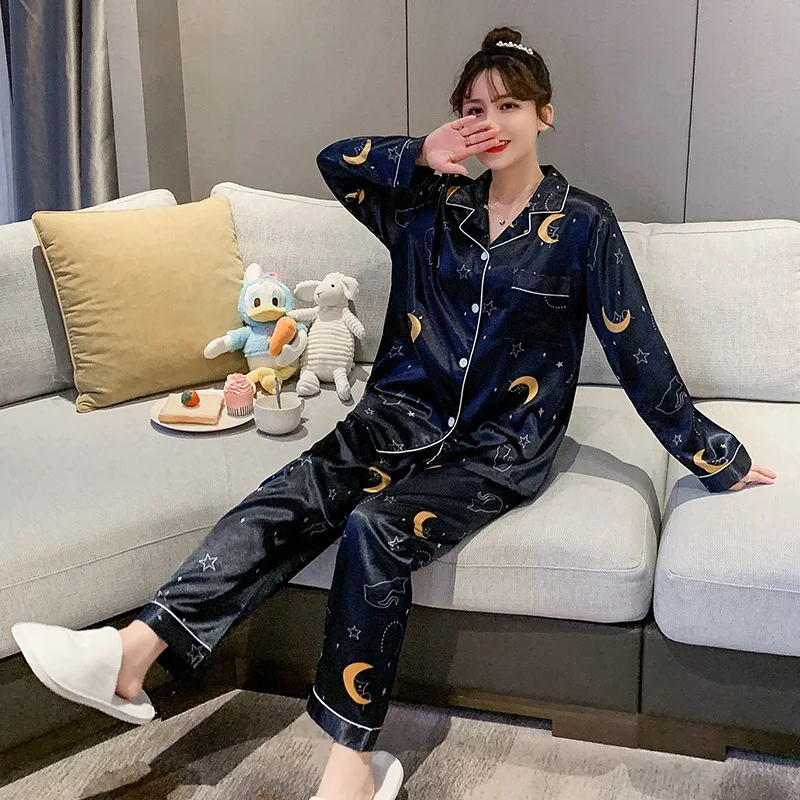 The Autumn Couple Silk Pajamas Sets Cartoon Star Printing Sleepwear for Women Men Nightwear Spring Casual Homewear Sleep Lounge