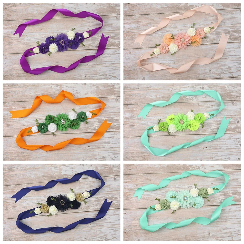 Yundfly 14 Colors Handmade Chiffon Flower Maternity Sash Belt for Baby Shower Women Girls Wedding Sash Belt Photo Props
