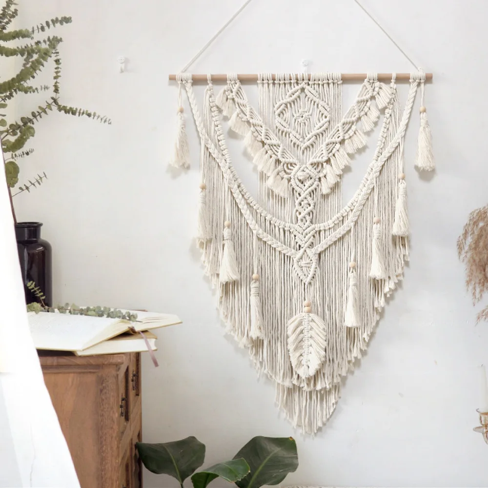 

Macrame Wall Hanging Tapestry with Wooden Stick Handwoven Bohemian Tassel Curtain Livingroom Bedroom Room House Decoration