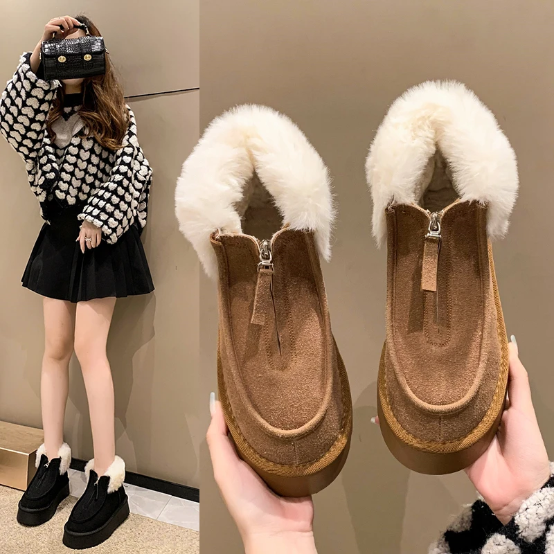 

Женские зимние ботинки на меху, новинка 2022, плюшевая толстая и теплая Нескользящая короткая хлопковая обувь на молнии спереди, кожаные боти...