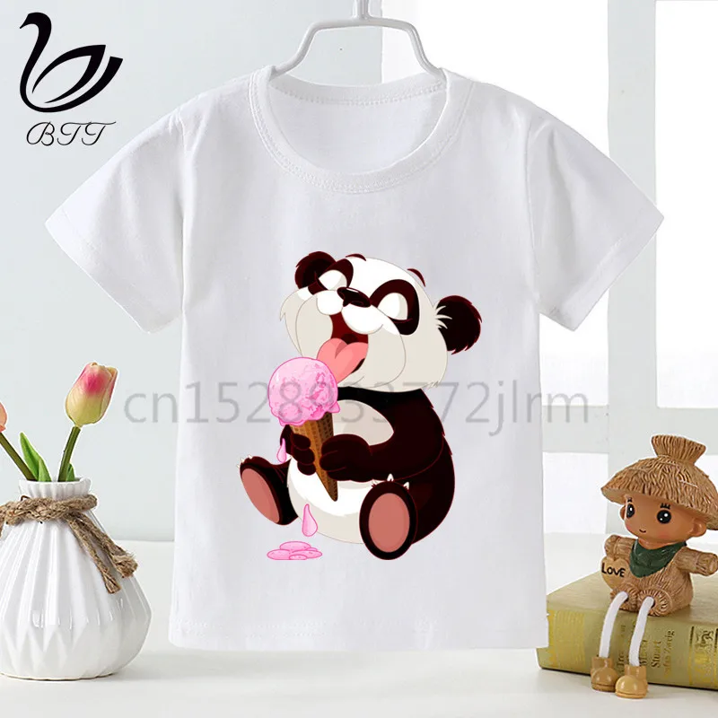 Kids Cartoon Panda Eat Icecream Design T Shirts Boys Girls Cute Superpanda Tshirt Children Animal Top Tees,Drop Ship