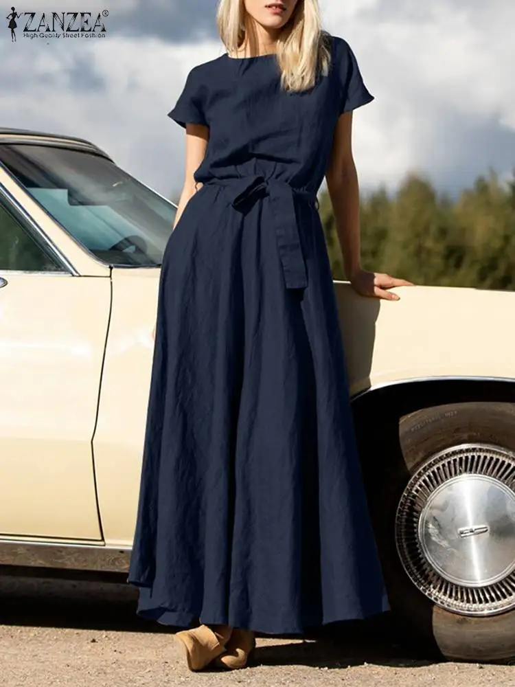

2023 Elegant Summer Women Long Dress Sundress Stylish Solid O Neck Short Sleeve Holiday Party Maxi Vestidos Robe Femme Kaftan