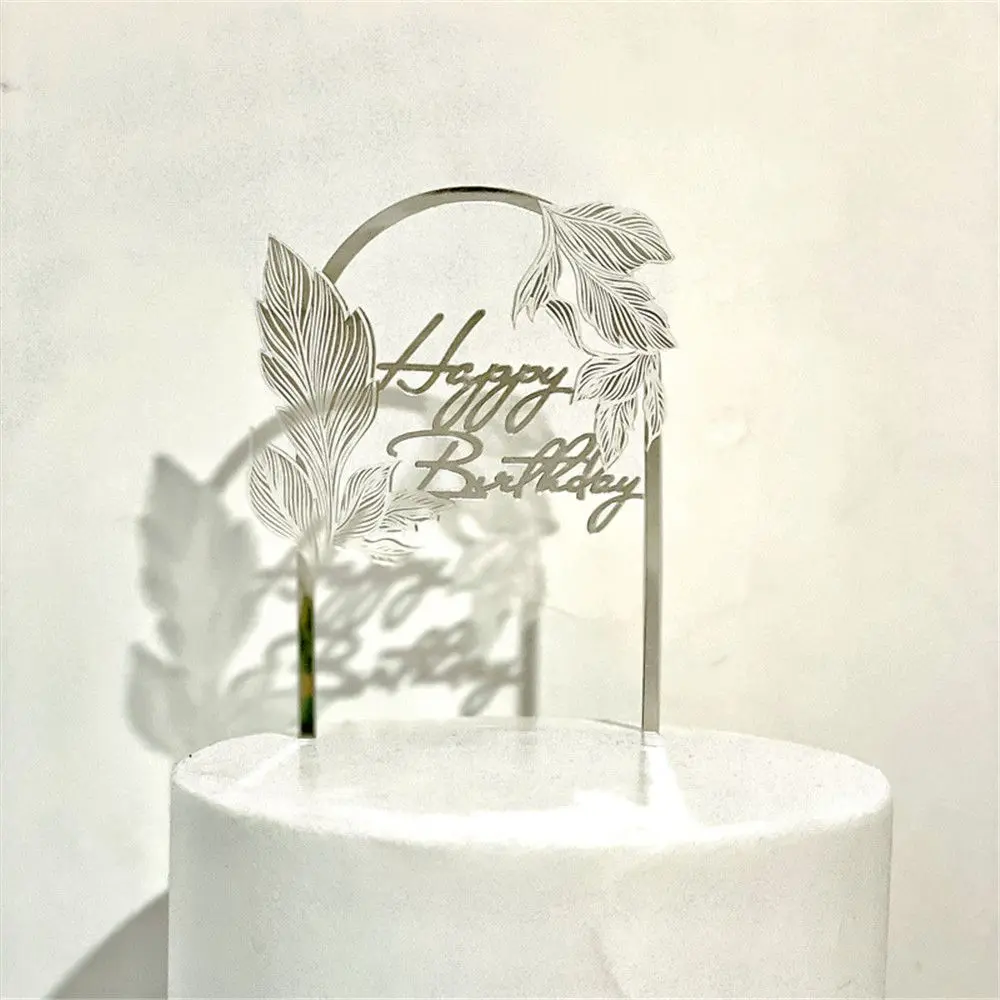 

New Acrylic Golden Arch Leaves Cupcake Toppers Laser Engraved Happy Birthday Cake Decoration Birthday Party Baking Supplies