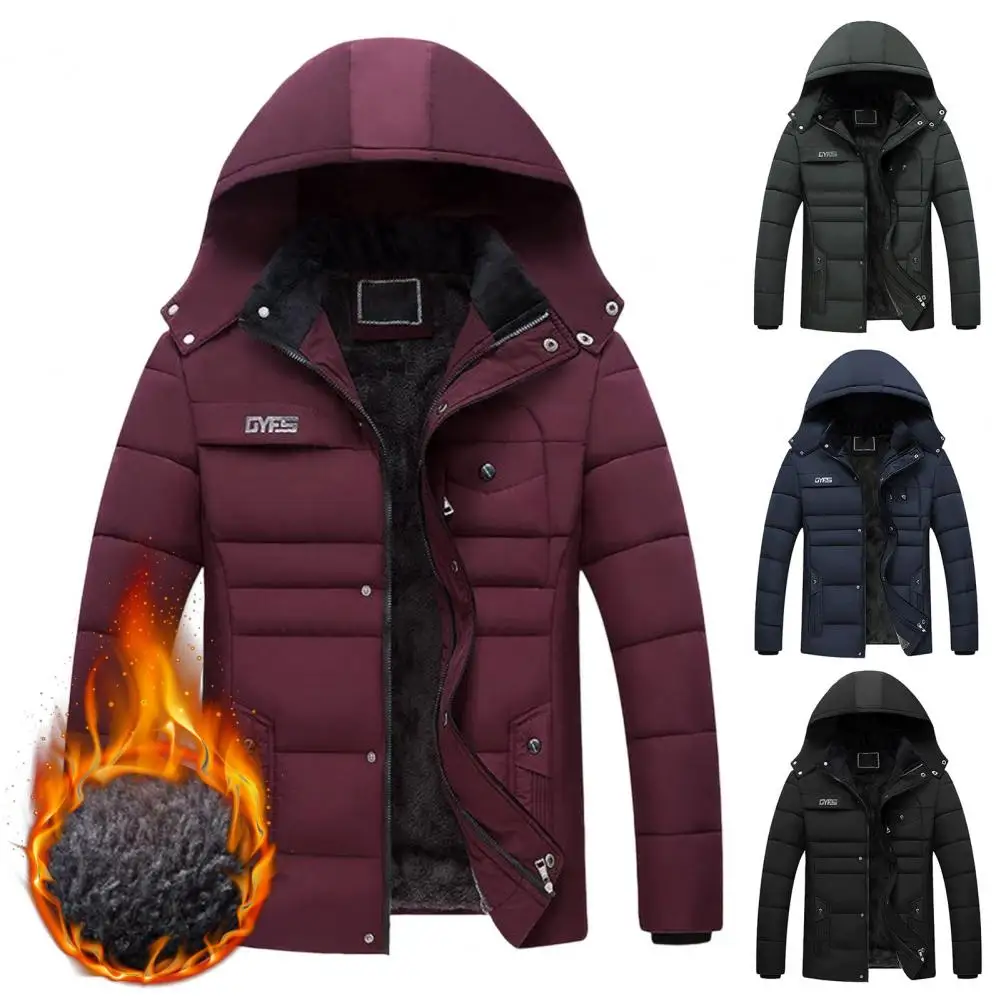 Men Hooded Coat Cotton Padded Plush Lining Solid Color Windbreaker Plus Size Cold Proof Hood Jacket Outwear Streetwear