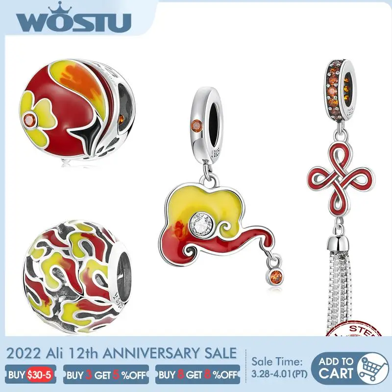 

WOSTU Genuine 925 Sterling Silver Lucky Koi Chinese Knot Beads Charms Pendants Fit Bracelets Women DIY Fine Jewelry Gift