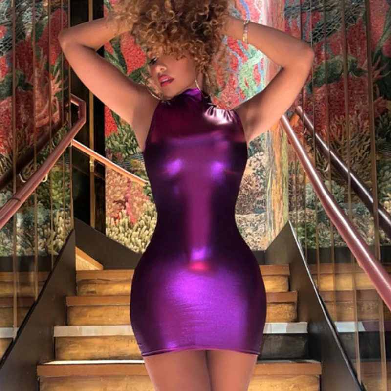

Фиолетовые платья с открытыми плечами, облегающее однотонное летнее платье Y2k, уличная одежда, облегающие короткие платья без рукавов с круглым вырезом для женщин