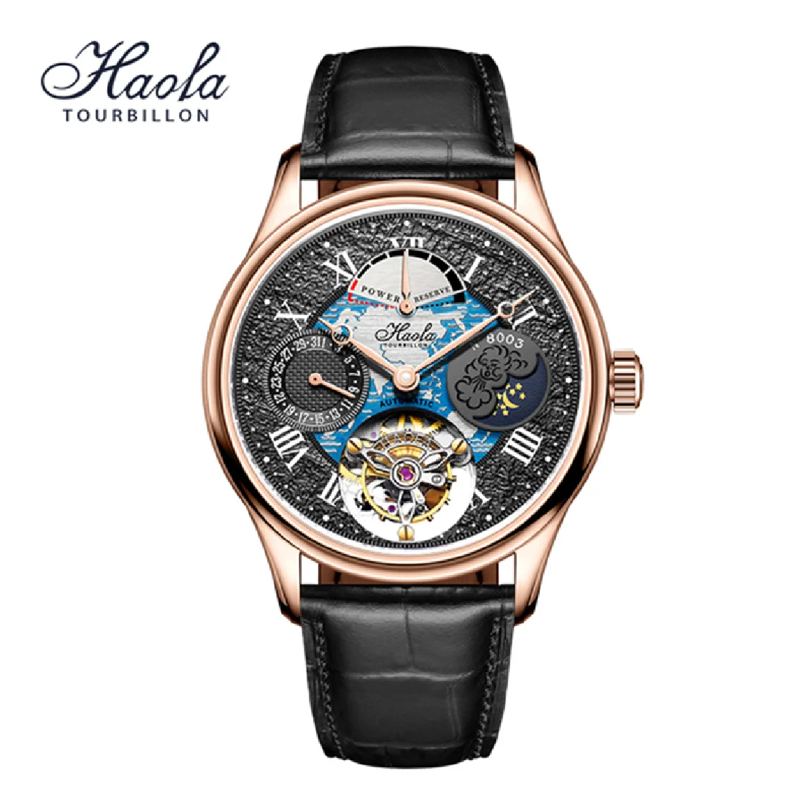 

Haofa Luxury Automatic Mechanical Mens Watch Flying Automatic Skeleton Movement Sapphire Watches For Men Day And Night Business