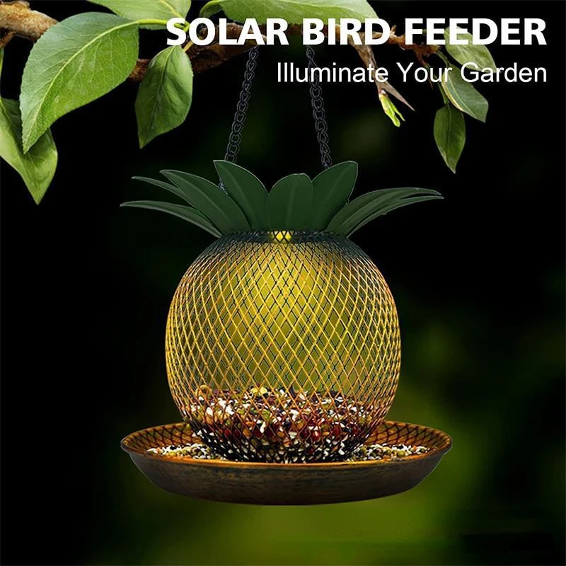 

Solar Bird Feeder for Outside Hangings Pineapple Metal Mesh Bird Feeders Squirrel Proof Top Fill Solar Light Wild Bird Feeder