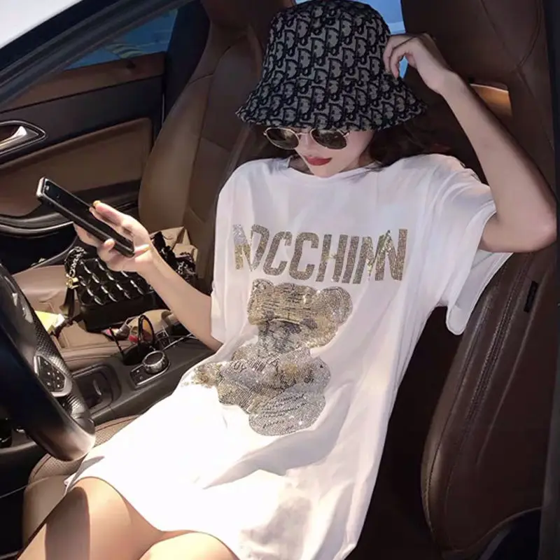 White Short-sleeved T-shirt Female Korean Mid-length Loose Hot Drilling Bear Loose Shirt Summer Loose  Woman Tshirts