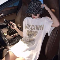 white short sleeved t shirt female korean mid length loose hot drilling bear loose shirt summer loose woman tshirts