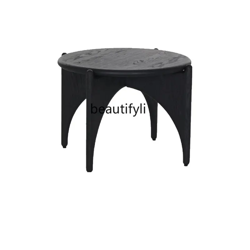 

yj Coffee Table Black Solid Wood Home French Style Mid-Ancient Silent Style round Tea Table Retro