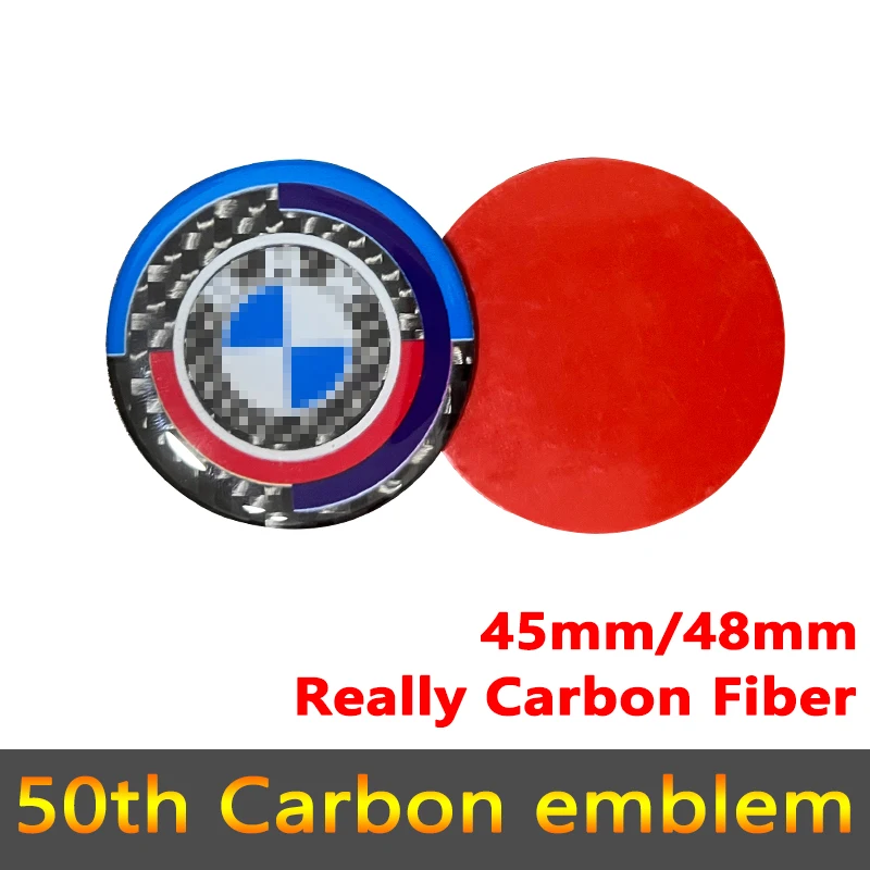 

New For BMW 50th Years Style Really Carbon Fiber Emblem 1 2 3 4 5 6 7Series X1X3X4X5X7 Steering wheel Logo Cover 45mm 48mmCap