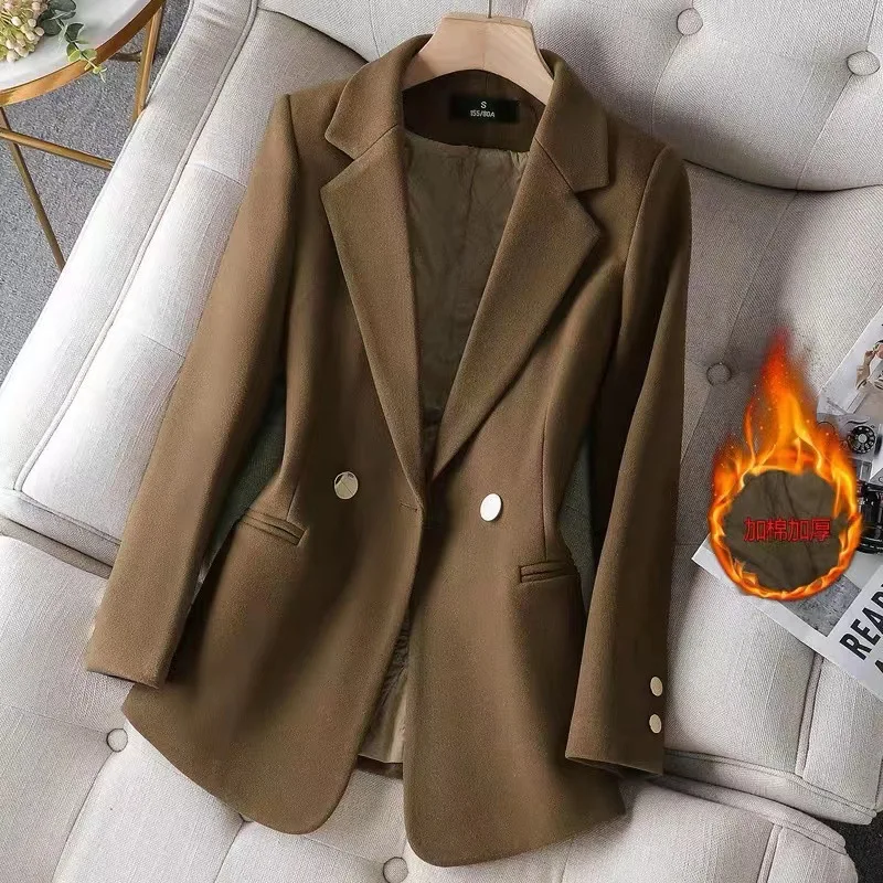 Coffee Color Casual Suit Jacket Women Cotton Winter New Korean Fashion Temperament Small Man Thick Suit Jacket