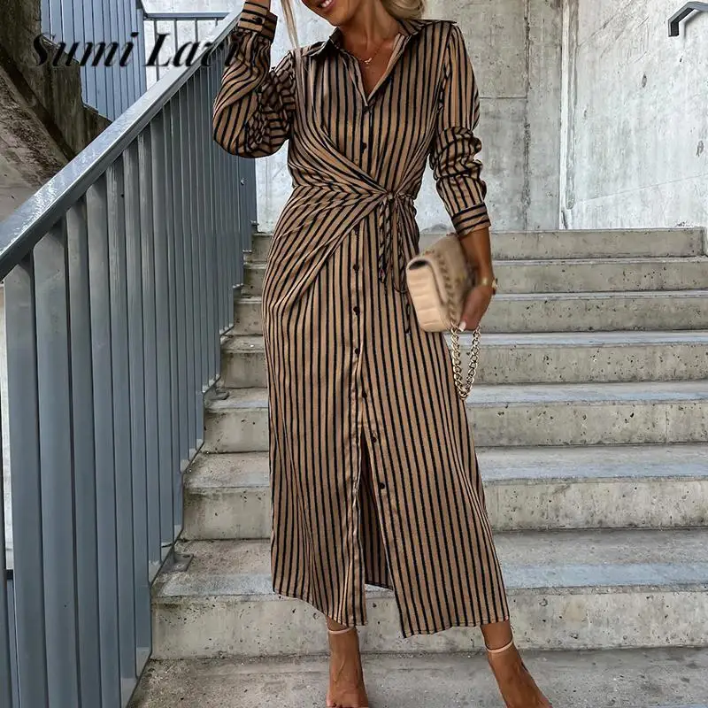 

Новое Осеннее длинное платье с длинным рукавом и поясом, модное однобортное платье-рубашка с лацканами, элегантное офисное женское платье в полоску