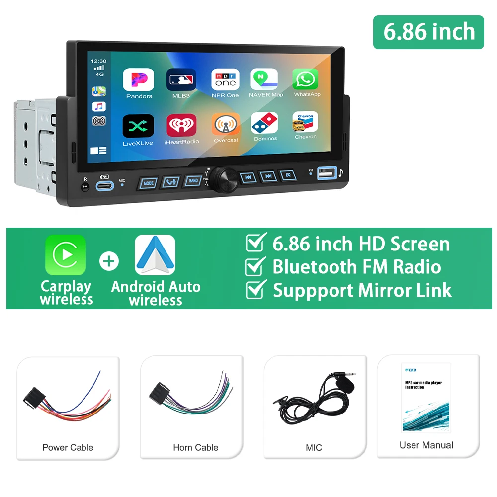 

Podofo 6,86 ''1Din MP5-плеер с ЖК-экраном Мультимедийный плеер Беспроводной Carplay Android Auto EQ Bluetooth USB Зеркальная связь Автомобильная стереосистема