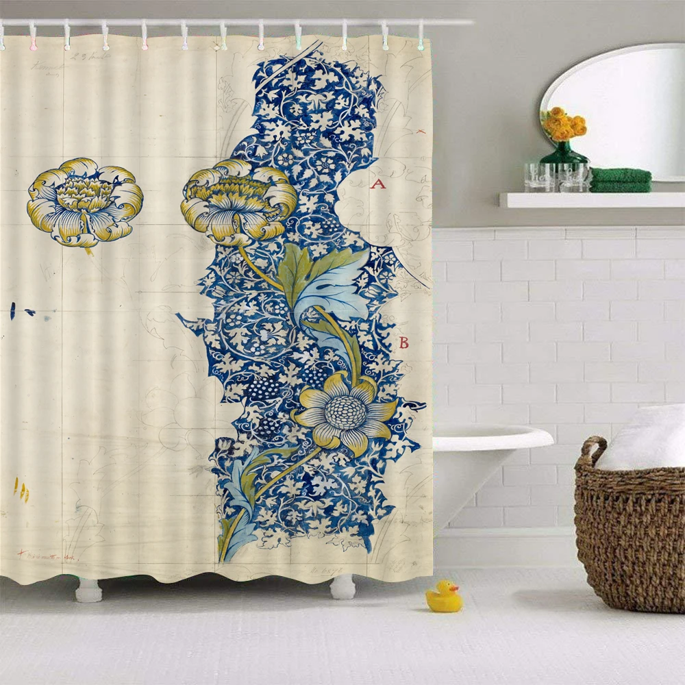 

Bath Shower Curtains Retro Old Fashioned Wood Grain Bathtub Blue Rose Yellow Sunflower Purple Daisy Flower Printed Toliet Decor