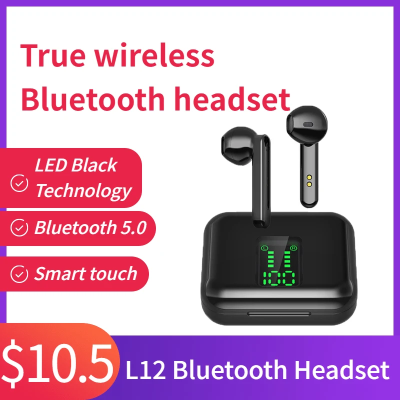 

New L12 TWS Bluetooth V5.0 Wireless Headsets Smart Noise Reduction In-ear Earphones Smart-Touch LED Digital Display Headphones