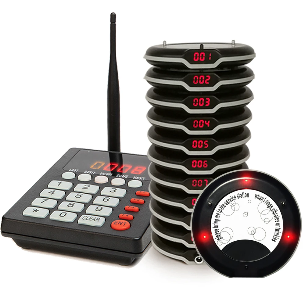 Hot Sale Wireless Restaurant Waiter Coaster Paging System 1 Keyboard 10 Pager 1 Charger Calling Service Buzzer