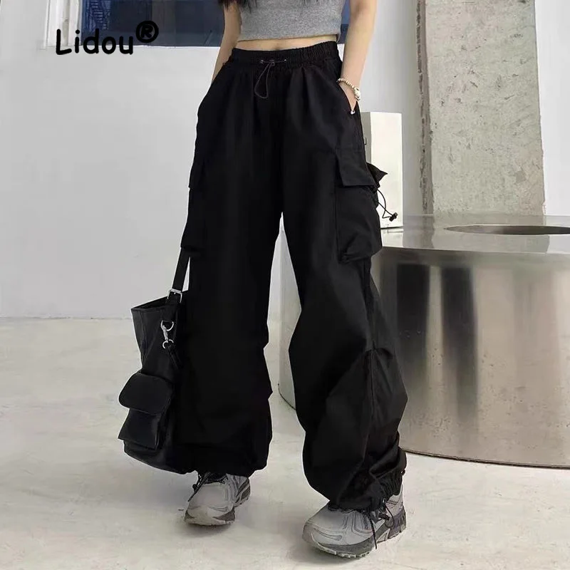 

Брюки-карго для влюбленных, свободные однотонные классические штаны в стиле Хай-стрит, с завязкой на талии, с несколькими карманами, бриджи