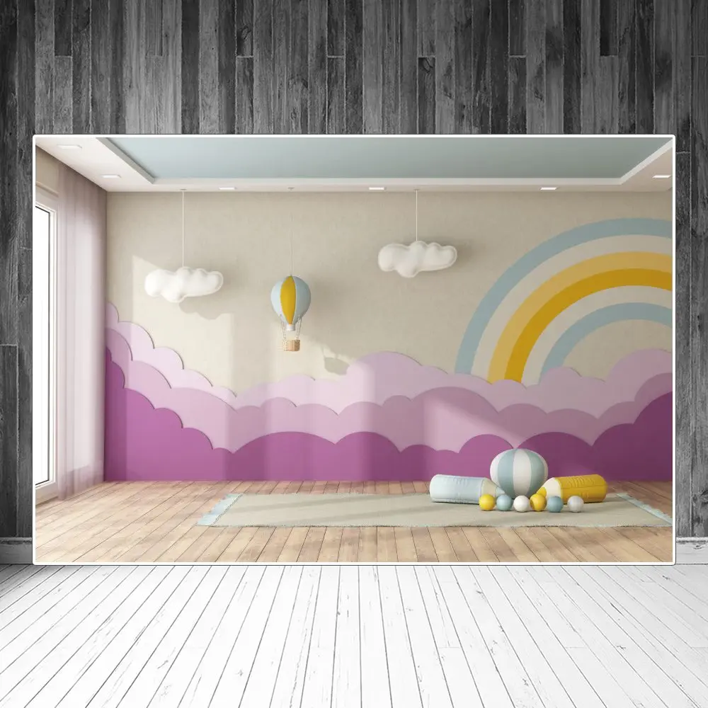 

Baby Play Room Interior Photography Backdrops Decoration Clouds Rainbow Painting Wall Custom Children Photo Backgrounds Props