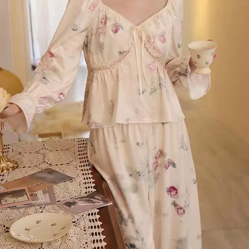 2PCS Sleepwear Set Spring Autumn Pajamas Long Sleeve Trouser Pijamas Suit Print Flower Silk Satin Home Clothes Loose Loungewear