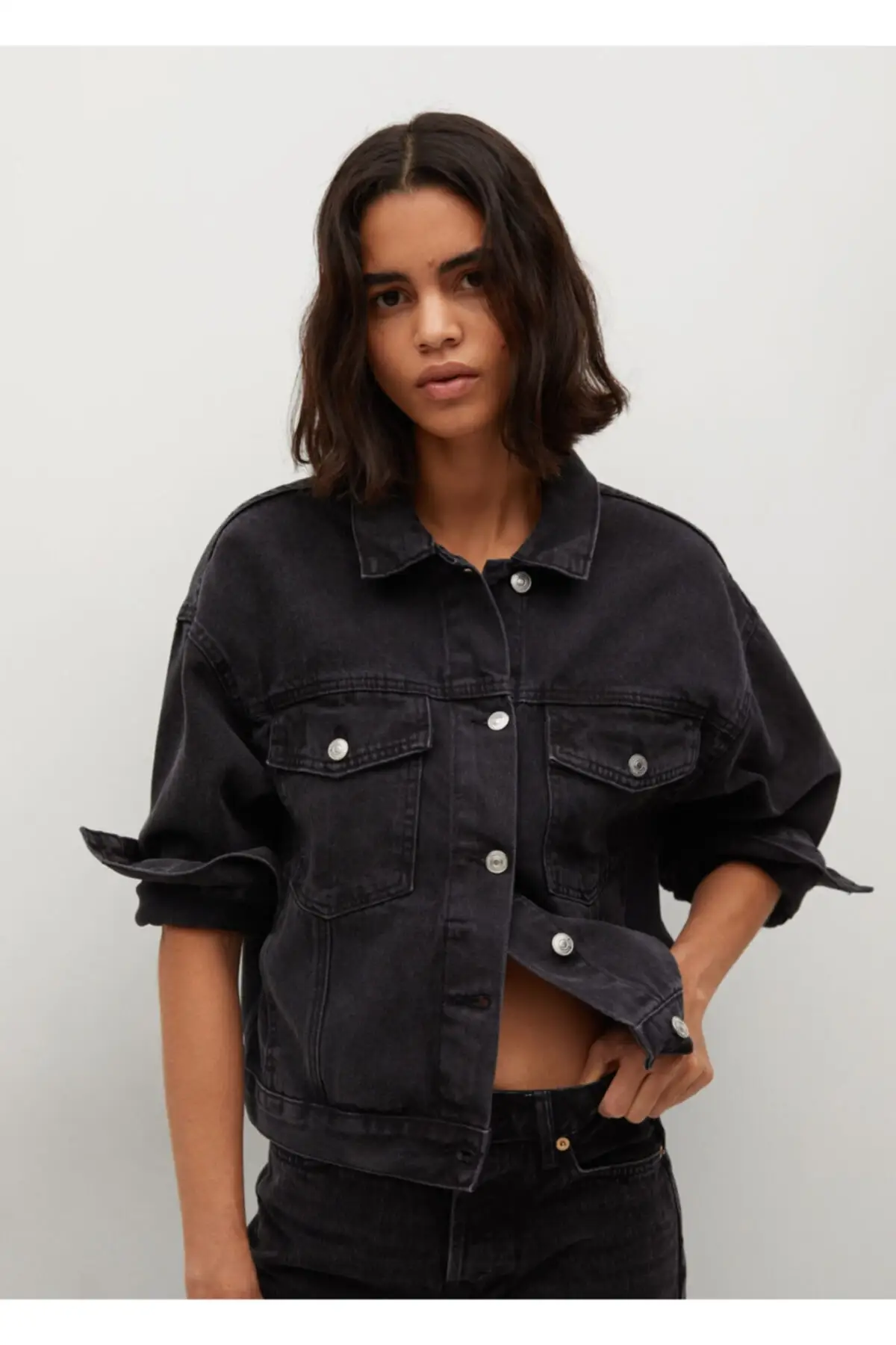 

Women's Fashion Denim Jacket Coat Black Denim Wide Cut Jeans Jacket