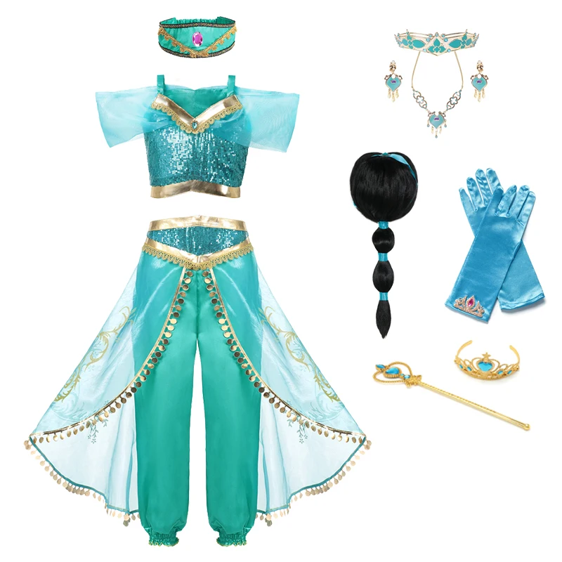 

2022 Children's Carnival Costume Birthday Party Cosplay Crown Dress for Kids Princess Jasmine Girls Dress Disney Aladdin Movie