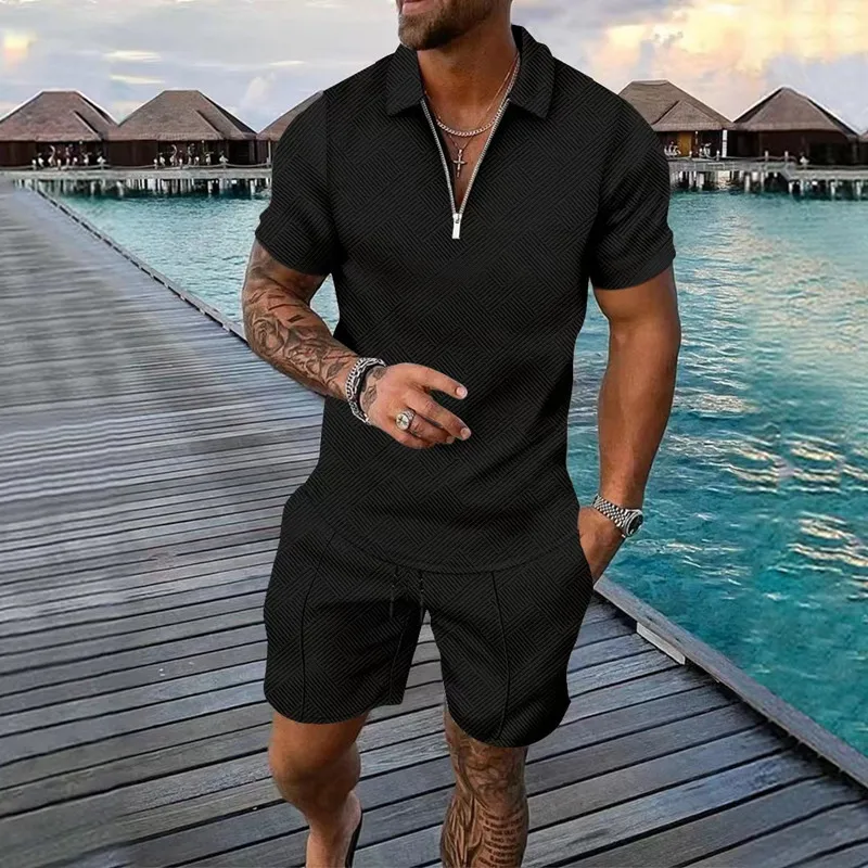 Male Jogger Outfits Luxury Brand Casual Suit Men's Polo Shirts&Shorts 2 Piece Sets Zipper Lapel T-shirt Short Sleeve Tracksuit