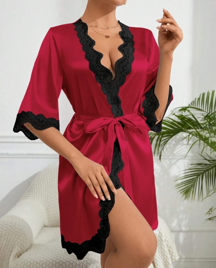 Satin Lace-Trim Robes Bride Bridesmaid Tied Detail Sleepwear